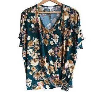 Floral Twist Front Top Short Dolman Sleeves Be Stage Dark Green Brown Coral Sz M